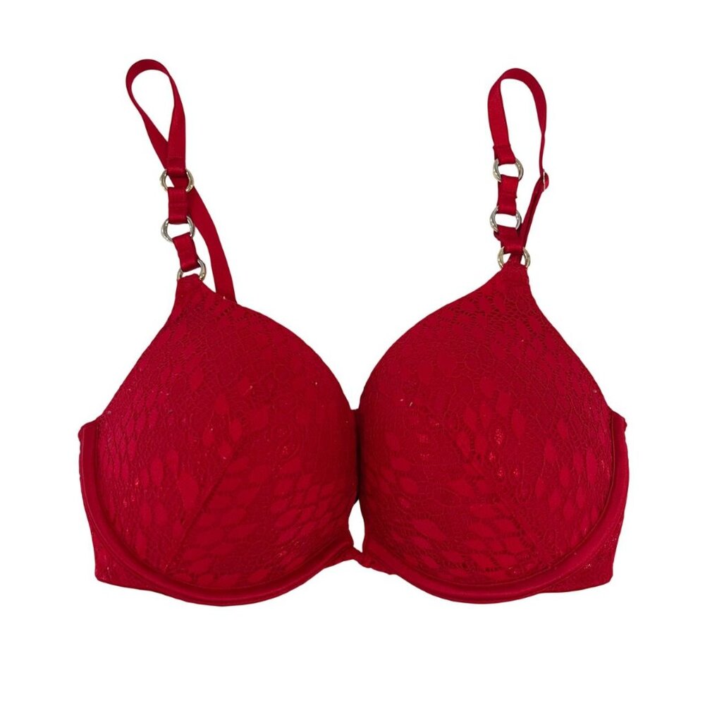 Victoria's Secret Red Lace Push Up‎ Bra Metal Hardware - Size 32D
